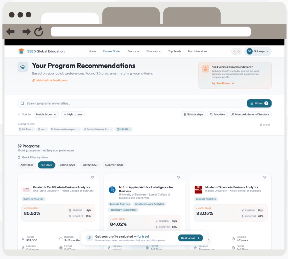 SEED Course Finder showing personalised program recommendations with match scores